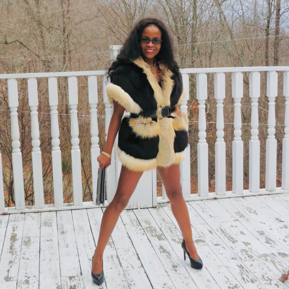 Unique Designer crystal & Black fox fur Vest Sleeveless coat  jacket M 6-12